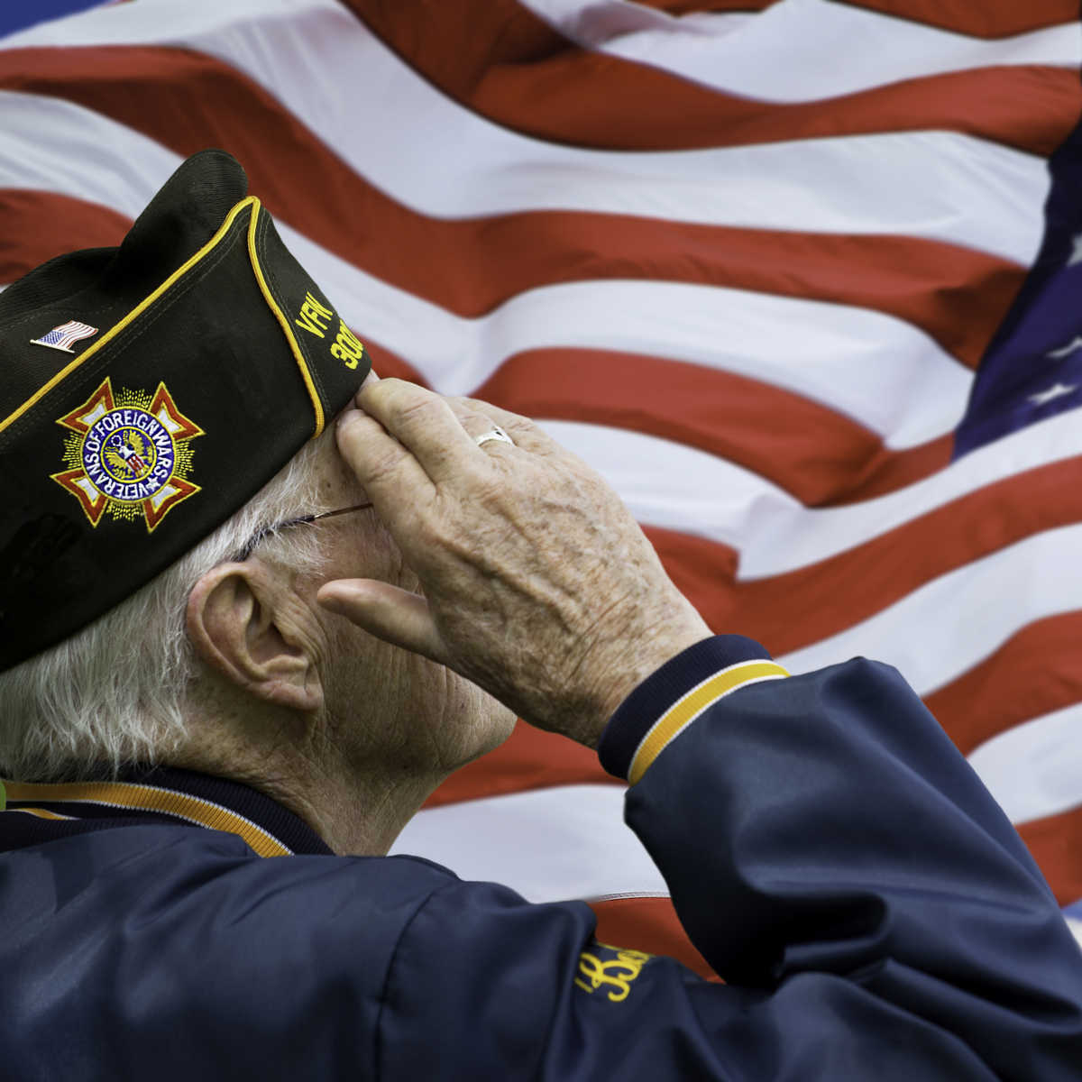 VFW member saluting American Flag