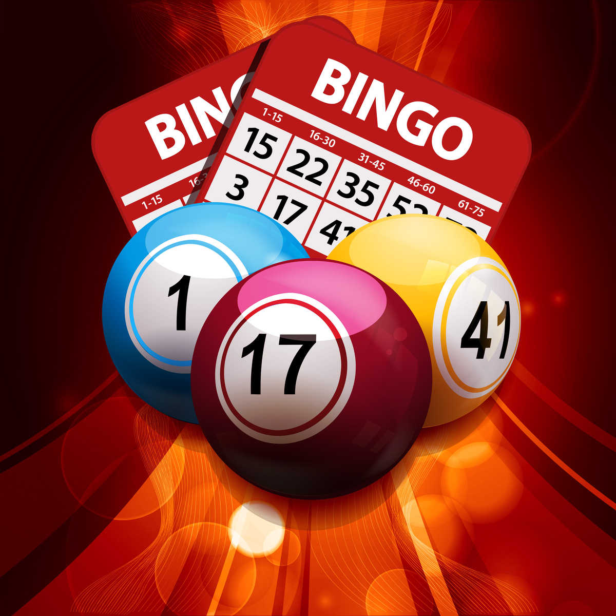 Three bingo balls in front of two red bingo cards